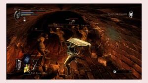 Player fighting monsters in Stonefang Tunnel in Demon’s Souls (2009 original).