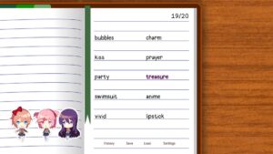 Notebook-style choice selection screen from Doki Doki Literature Club with chibi characters.