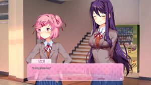 Doki Doki Literature Club scene with Yuri and Natsuki talking in school hallway.