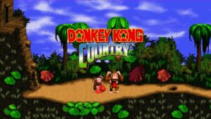 Donkey Kong and Diddy Kong standing in jungle with Donkey Kong Country logo