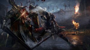 Warrior in heavy armor fighting with blood effects in Elden Ring (2022).