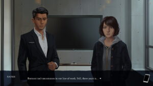 Eliza scene with Rainer and Evelyn talking in an office.