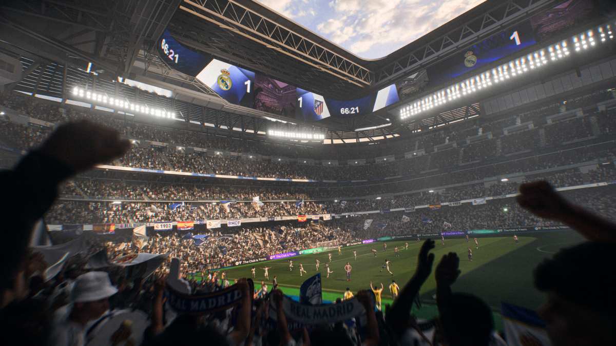 EA Sports FC 26 Real Madrid vs Atletico Madrid match with stadium crowd, showing Ultimate Team atmosphere in the football simulator.