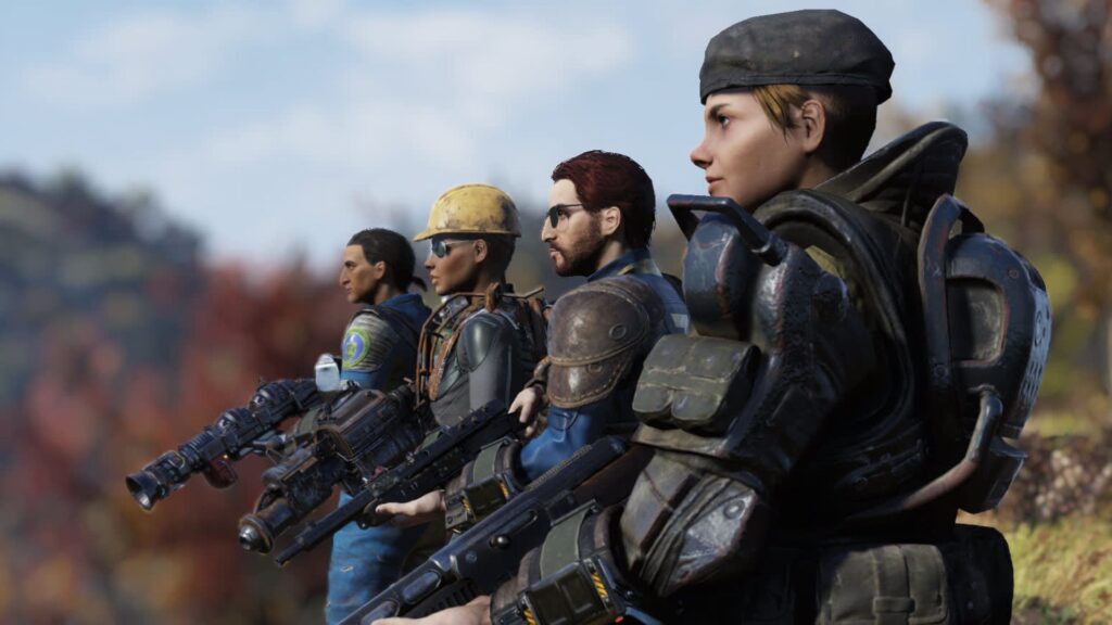 Group of four armed characters in Fallout 76