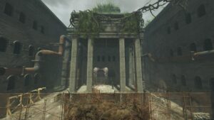 Overgrown stone building with pillars and pipes in Fallout 76
