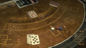 Fallout New Vegas Blackjack table with cards and casino chips