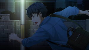 Famicom Detective Club scene with young man running at night with bag over shoulder.