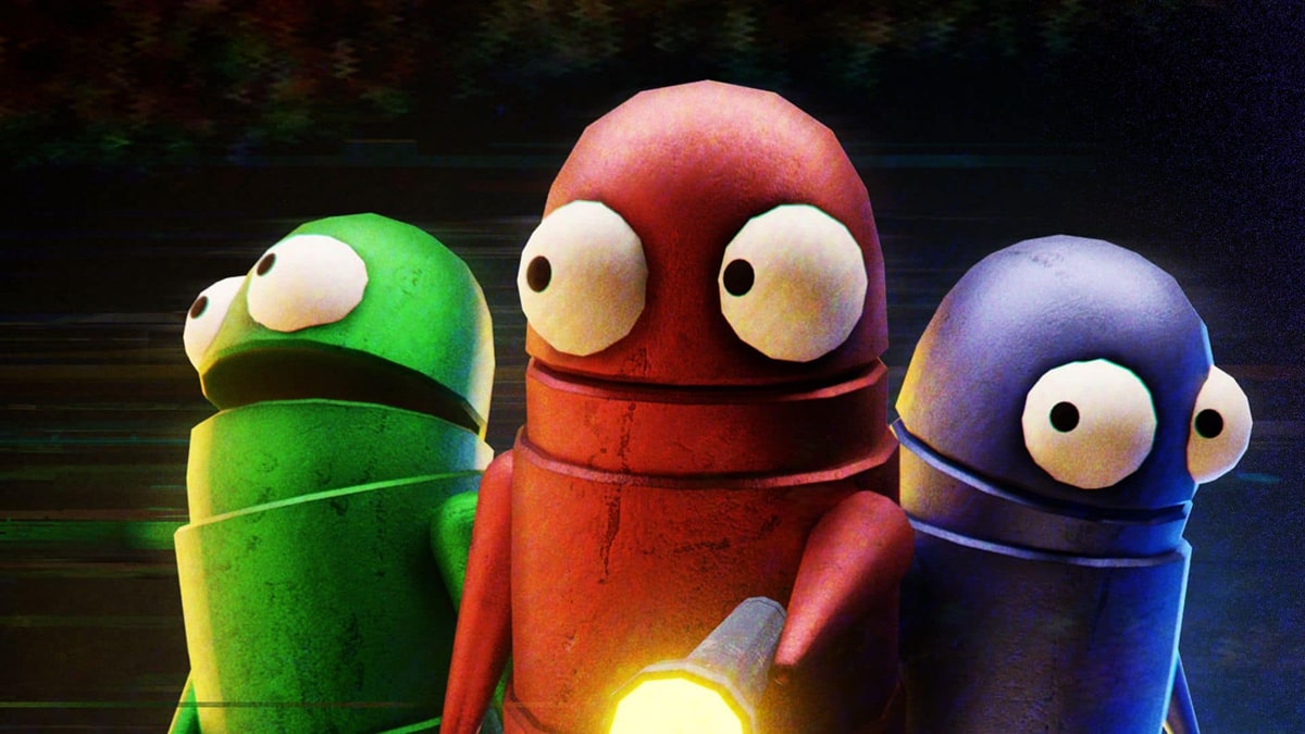Three colorful Content Warning characters with wide eyes standing together in the dark