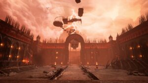 A fiery fortress with spikes and floating platforms in Chained Together under a stormy orange sky