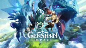Genshin Impact key art featuring main characters and a dragon