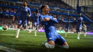 Chelsea player celebrating goal in EA Sports FC 26, highlighting excitement of Ultimate Team gameplay.