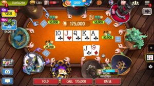 A vibrant poker table scene with players and colorful chips, showing a winning hand with a royal flush on display.