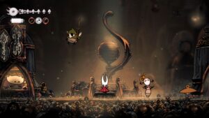 Hornet sitting on throne surrounded by characters in dark ornate hall
