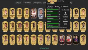 EA FC 26 Ultimate Team player cards with stats, including Messi, Pedri, and popular FUT 26 picks.