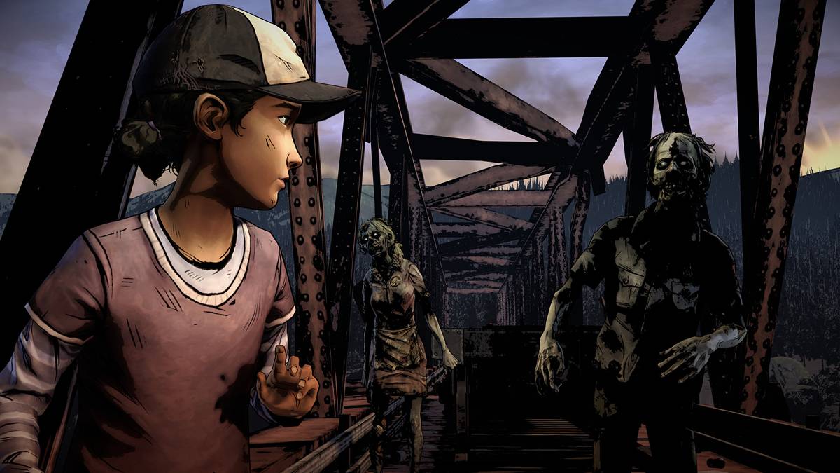 Screenshot from The Walking Dead video game showing Clementine on a bridge with approaching zombies.
