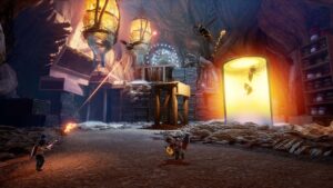 Two players fighting giant wasps inside glowing hive with weapons in It Takes Two