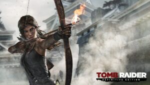 Tomb Raider character stands confidently, holding a bow and arrow, ready for action in a dynamic pose.