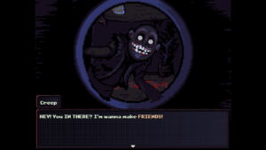 Creepy grinning figure peering through a door in Look Outside