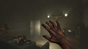 First-person view of bloodied hand reaching out in dark eerie room with skull mount in MADiSON