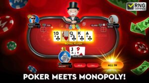 A digital poker game display showing a royal flush hand with chips and cards on the table, featuring themed Monopoly elements.