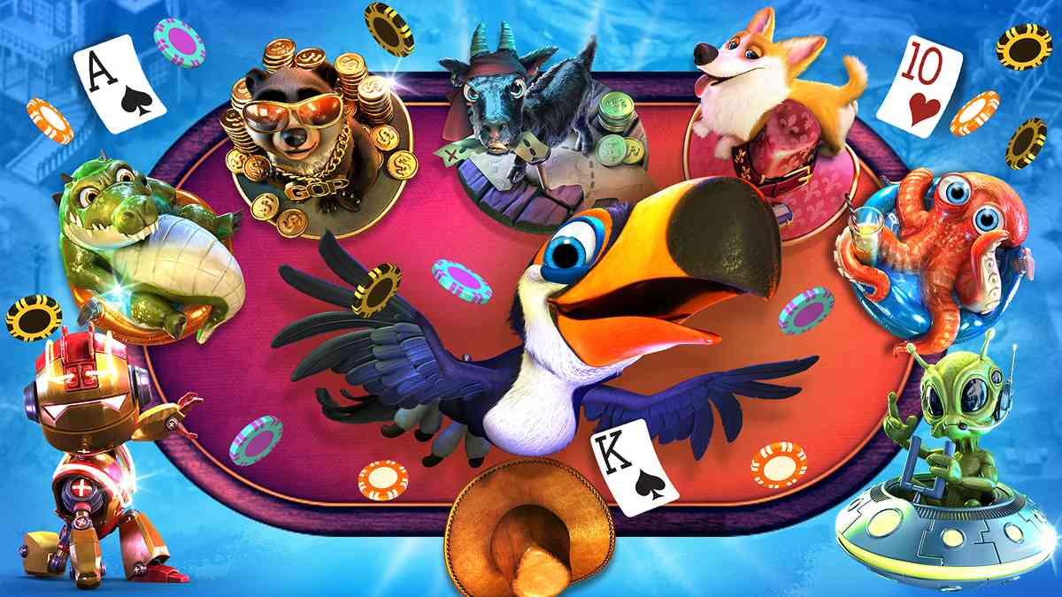 A colorful cartoon scene featuring various animated characters, like a toucan, octopus, and others, around a poker table with chips and cards.