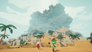 Three PEAK characters running through a desert toward a towering rocky mountain