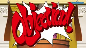 Phoenix Wright scene with large red “Objection!” text in courtroom.