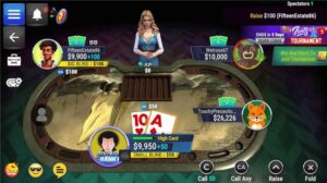 Online poker game interface showing a virtual table with four players, each represented by avatars. The player's hand displays a 10 and Ace of hearts.