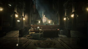 The main hall of the Raccoon City Police Department in Resident Evil 2 Remake