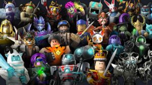 Collection of diverse Roblox avatars with unique outfits and weapons
