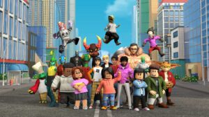 Roblox avatars and creatures posing together on a city street with skyscrapers in the background