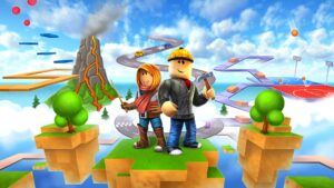 Two Roblox avatars standing in front of floating platforms, volcano, and mini-games in the sky