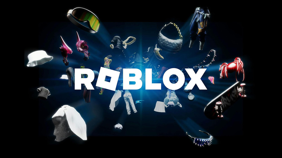 Roblox logo surrounded by floating virtual accessories like clothes, hats, and gear
