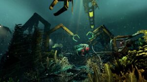 Submersible robot navigating through ruins and robotic arms in SOMA’s deep-sea environment