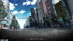 STEINS;GATE scene with Rintaro on an empty city street.