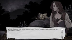 Scarlet Hollow scene with woman and pug at night feeling watched.