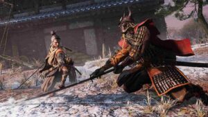 Sekiro fighting a samurai warrior in Sekiro: Shadows Die Twice (2019).