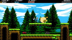 Pixelated Shovel Knight striking enemy on grassy platform in forest level