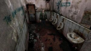 Man standing in a grimy, bloodstained bathroom in Silent Hill 2