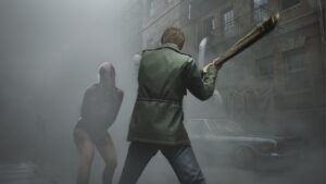James Sunderland facing a monster in the foggy streets of Silent Hill 2 Remake