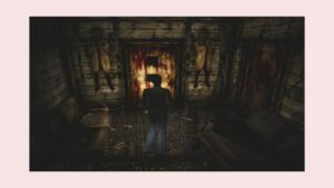 Protagonist stands before a bloodstained door with hanging corpses in the original Silent Hill game