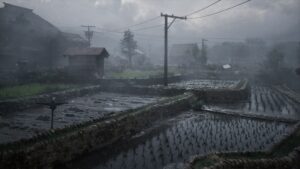 Foggy rural Japanese village with rice fields, scarecrow, and dark atmosphere in Silent Hill f