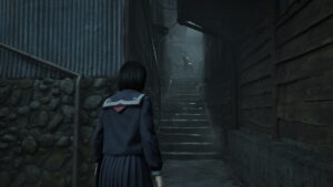 Schoolgirl facing a shadowy figure in a dark alley