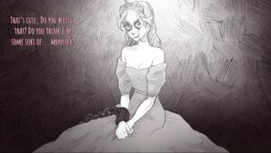 Hand-drawn scene of a chained girl in a dress speaking ominous dialogue from The Witch’s House MV
