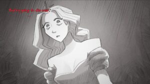 Slay the Princess scene with shocked woman and red text threat.