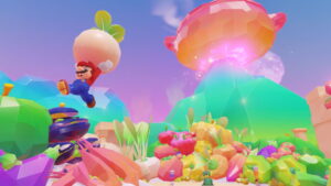 Mario carrying giant vegetable in vibrant fantasy landscape with rainbow mountains