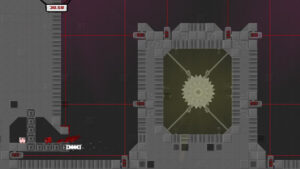 Pixelated Meat Boy running past traps and spinning sawblade in dark stage