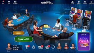 A view of the poker table in the game, featuring cards, chips, and players engaged in a hand.
