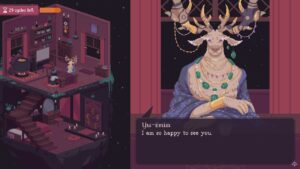 Pixel art screenshot from The Cosmic Wheel Sisterhood showing a character speaking with a mystical deer-like figure.