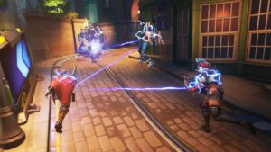 Overwatch 2 gameplay battle scene with multiple heroes using abilities